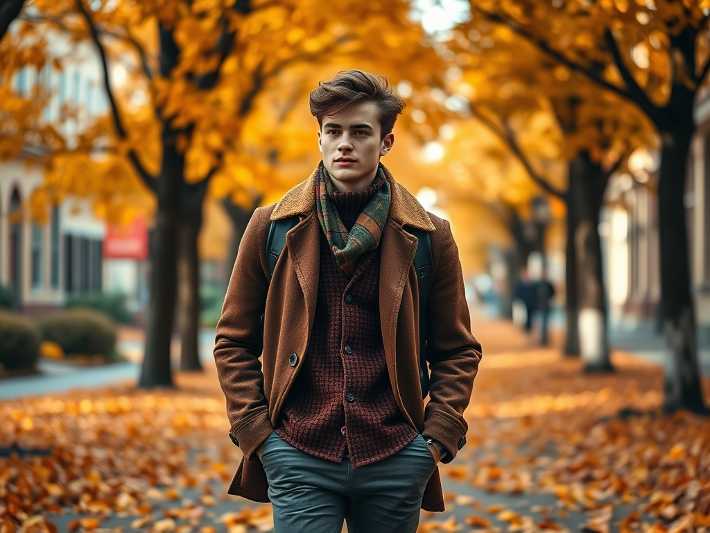 Un jeune homme avec un manteau marron se promène dans une rue bordée d’arbres aux feuilles d'automne.