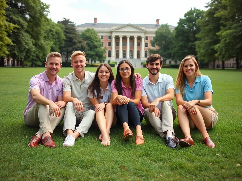 Un groupe de six jeunes assis sur l'herbe, souriant, devant un bâtiment majestueux et des arbres verdoyants.