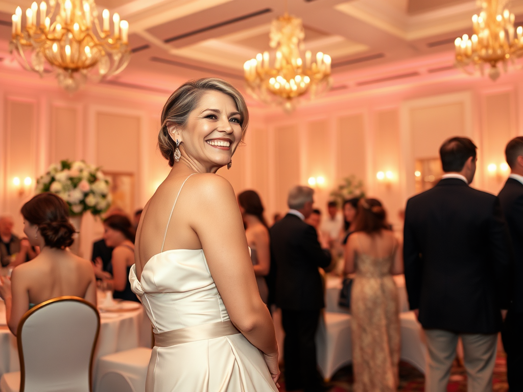 Femme souriante en robe élégante dans une réception raffinée, entourée d'invités au décor lumineux.