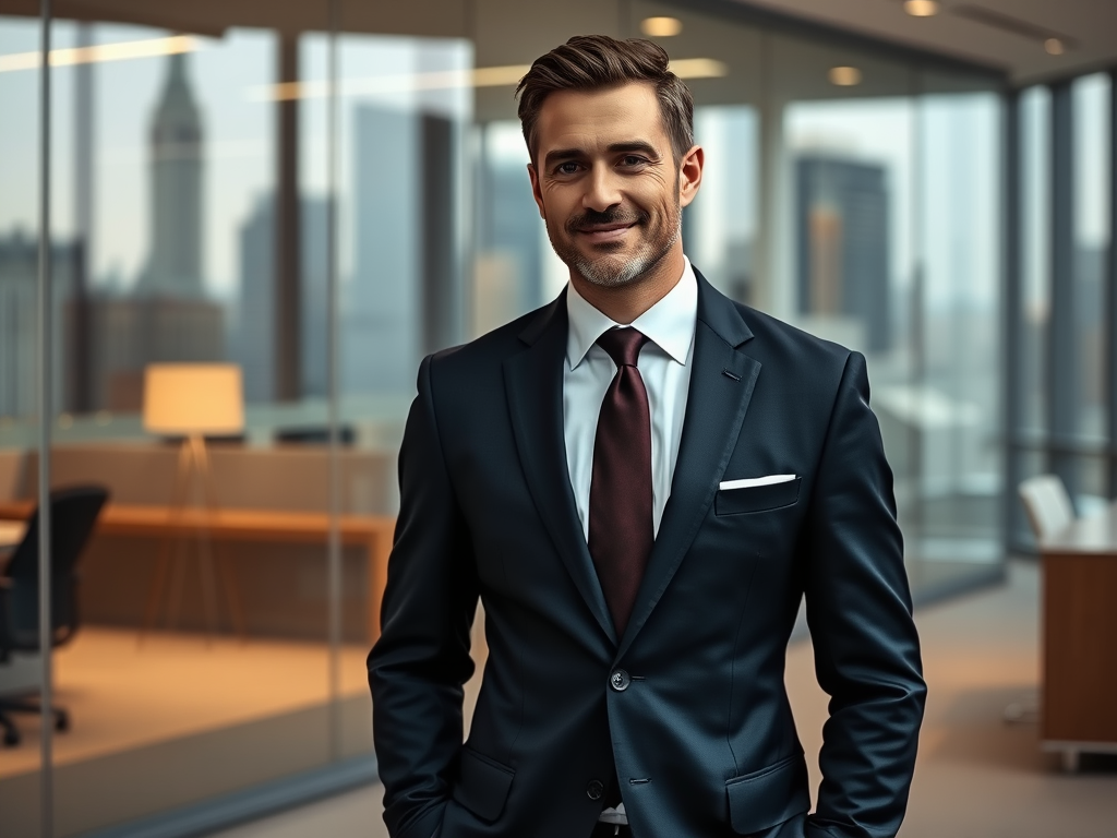 Un homme d'affaires souriant en costume devant de grandes fenêtres dans un bureau moderne, avec une vue sur la ville.