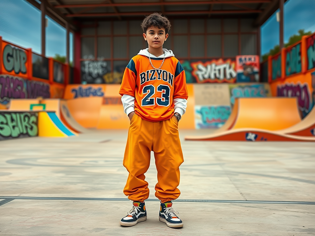 Un jeune avec une tenue orange, portant le numéro 23, se tient dans un skatepark coloré.