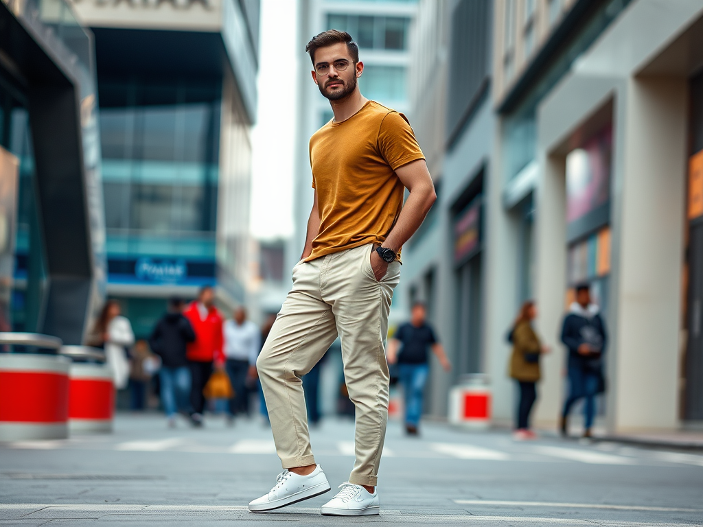 Un homme au t-shirt beige et pantalon clair se tient dans une rue animée, entouré de passants.