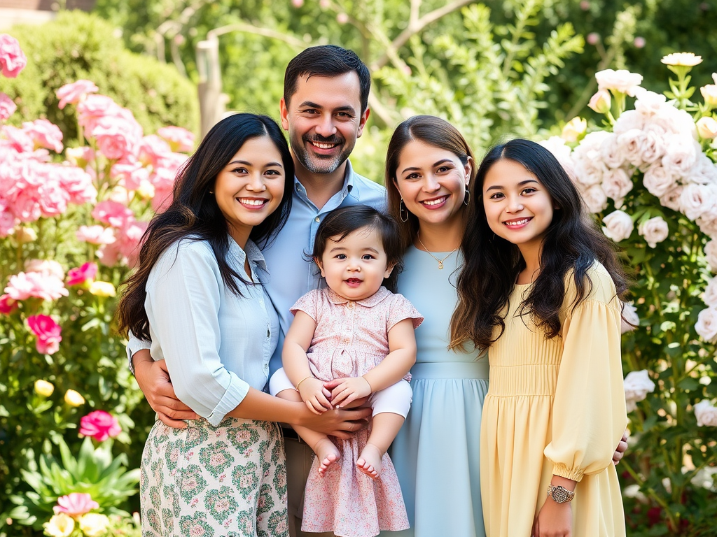 Une famille souriante pose ensemble dans un jardin fleuri, entourée de roses colorées.