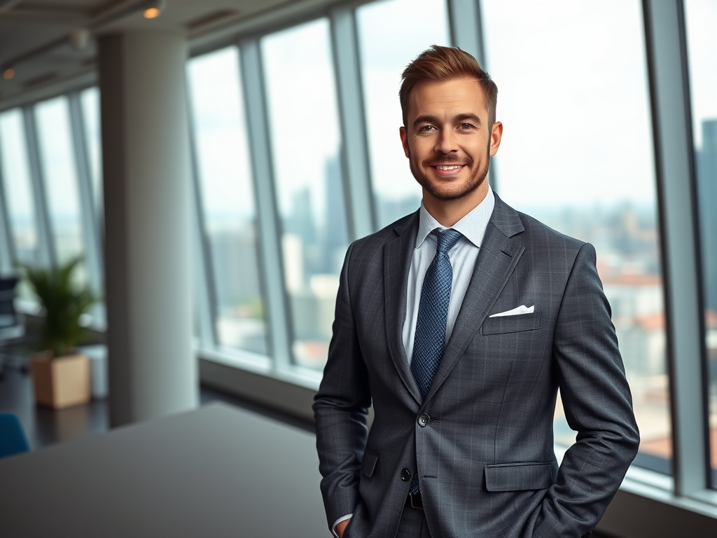 Un homme souriant en costume, debout près d'une grande fenêtre dans un bureau moderne et lumineux.