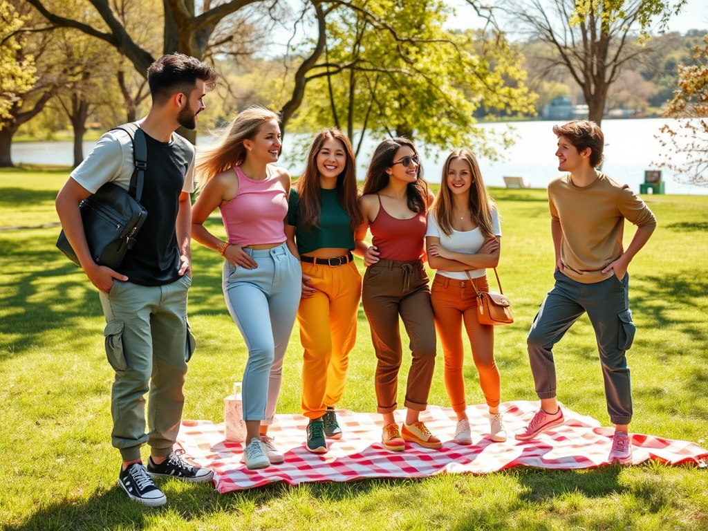 Un groupe d'amis pose sur une couverture de pique-nique dans un parc ensoleillé, entouré d'arbres et d'eau.