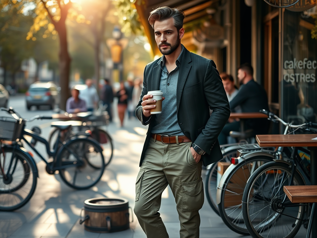 Un homme élégant avec un café se tient dans une rue animée, entouré de vélos et de gens, au soleil.
