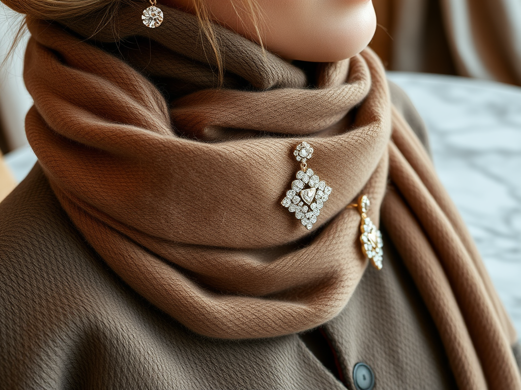 Une femme porte un scarf marron avec des broches brillantes, créant une élégance raffinée.