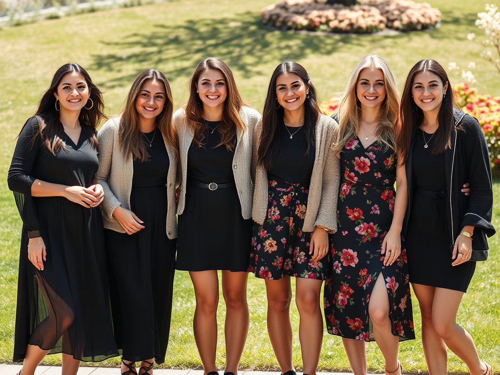 Six femmes souriantes posent ensemble en vêtements d'été, dans un jardin bien éclairé et fleuri.