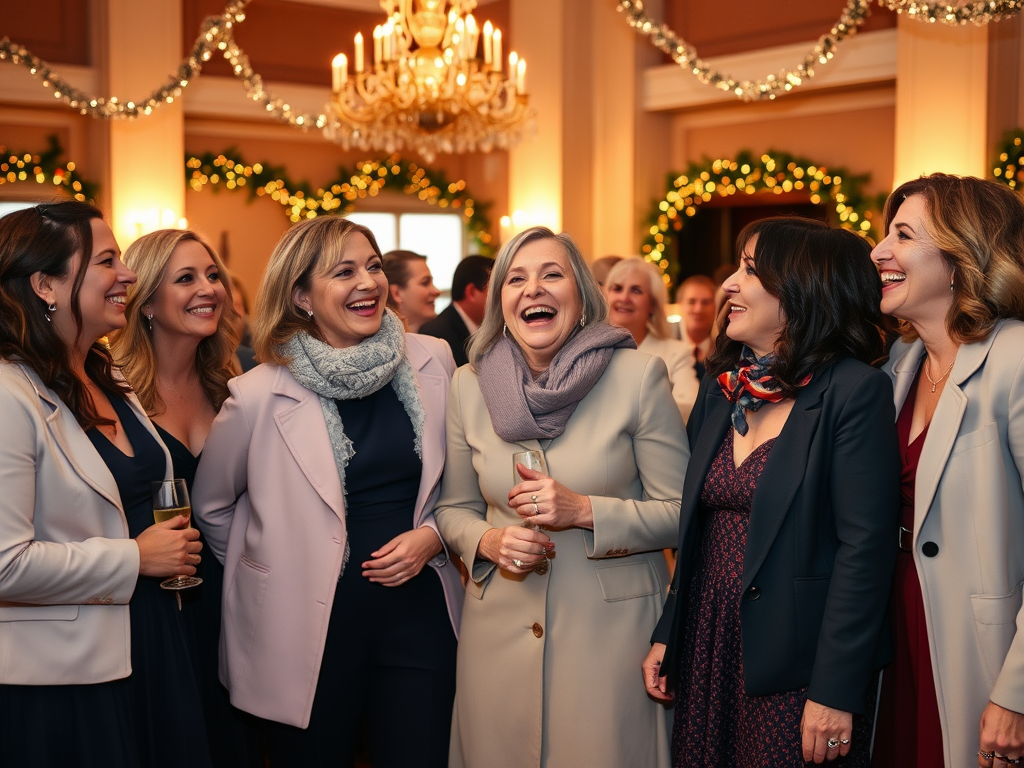 Un groupe de femmes sourit et rit pendant une célébration festive, dans une ambiance joyeuse et chaleureuse.